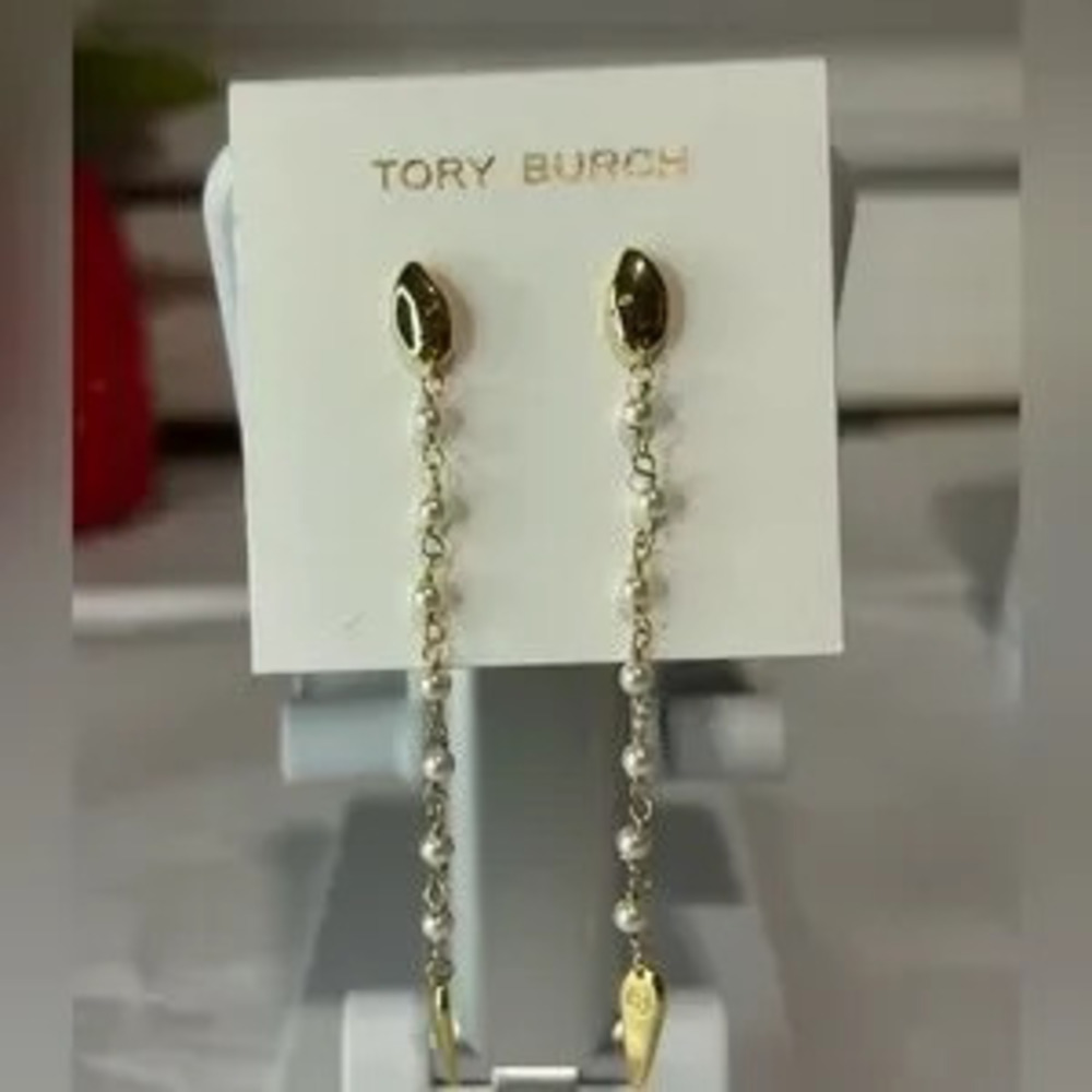Tory Burch gold drop down pearl earrings